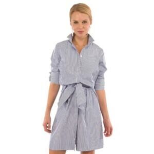 Gretchen Scott Breezy Blouson Pinstripe Dress Large Blue Pinstripe Shirtdress